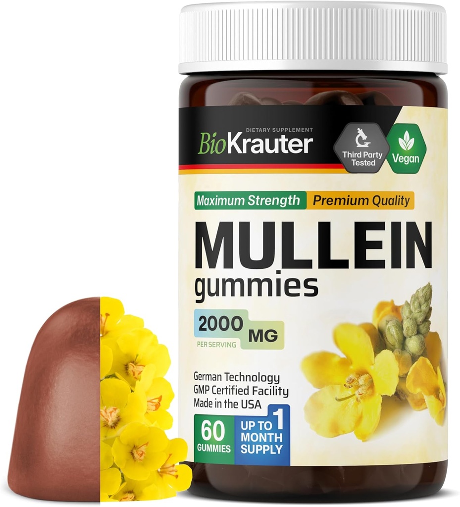 BIO KRAUTER Mullein Gummies for Lungs 2000 mg - 60 Chews - Lung Detox dodatek - Mullein Leaf Gummies - Vegan, Gelatine-free