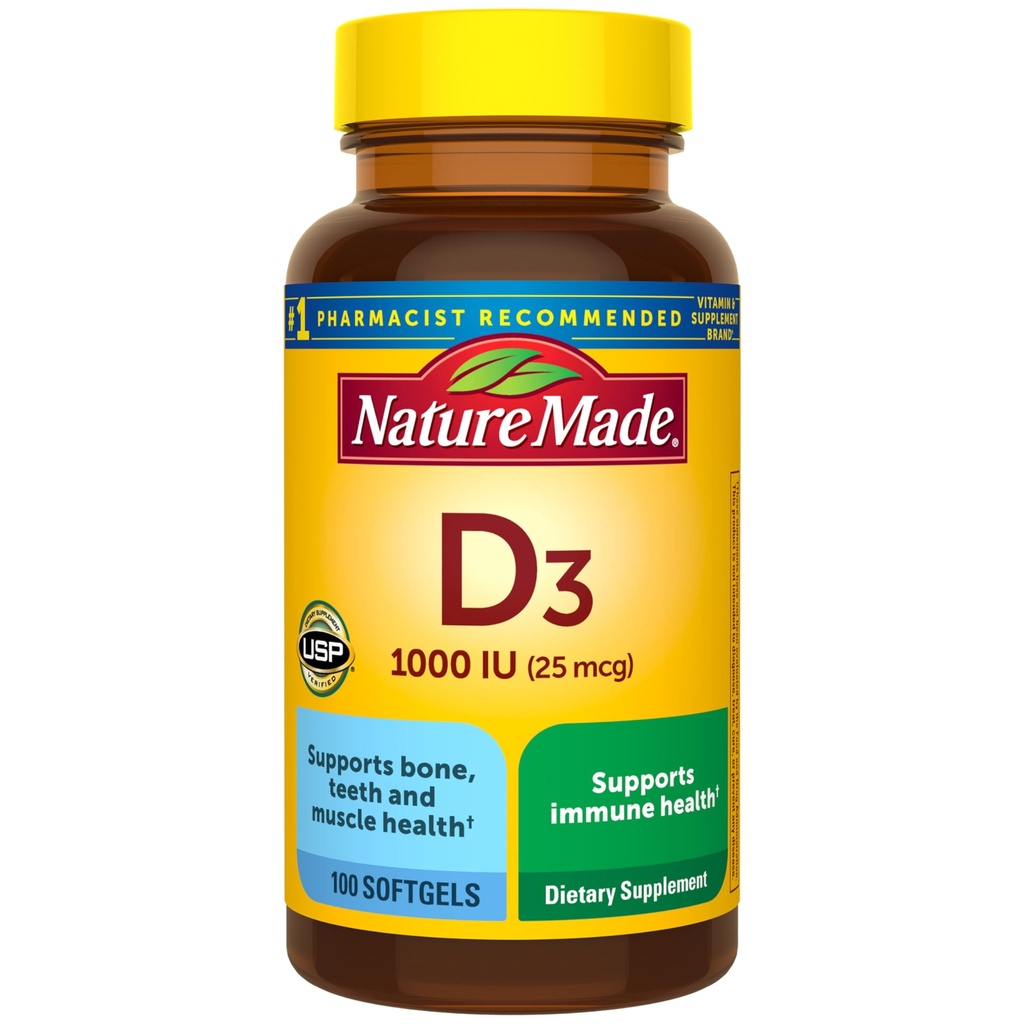 Nature Made Vitamin D3 1000 IU (25 mcg), Vitamin D dodatek pro kosti, zuby, svalová a imunitní zdravotní podpora, 100 Softgels, 100 denní zásobování