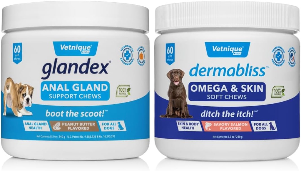 VETNIQUE Dermabliss Omega & Kožní doplněk Žvýkačky pro psy (60ct) & Glandex Anální Gland Podpora arašídové máslo měkké Žvýkačky pro psy (60ct) Bundle