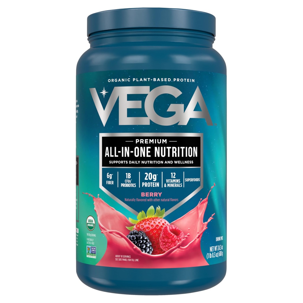 Vega All in One Nutrition Organic - 20g Plant- Based Pea Protein, Berry, 20 Servings, Vitamins A & C, Probiotika, Zelená, Vegan, Keto, Gluten Free, 24.3oz (Balení květen Vary)
