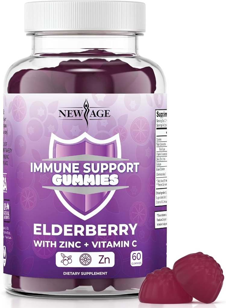 Nový věk Imunitní systém Podpora Gummies - Sambucus Black Elderberry Gummies s vitamínem C a zinkem (Imunitní podpora 60 Gummies)