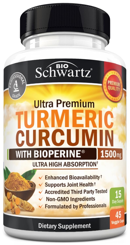 Kurkumin s černým pepřem extrakt 1500mg - vysoká absorpce Ultra potentní kurkumický dodatek s 95% kurkuminoidy a BioPerine - Non GMO tumerické kapsle pro společnou podporu - 45 Kapsle