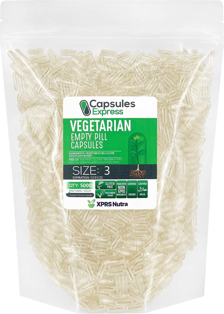 XPRS Nutra Velikost 3 Prázdné kapsle - 5000 hrabě prázdné veganské kapsle - Vegetariánské prázdné pilulky - DIY Zeleninové kapsle Plnicí - Veggie Pill Caps