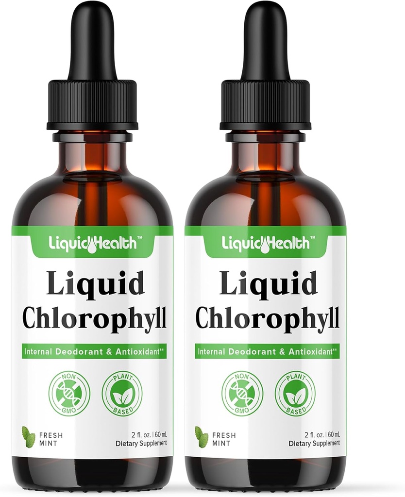 LIQUIDHELTH Kapky tekutého chlorofylu - vnitřní deodorant, antioxidanty, jaterní detox, imunitní podpora, Relieve Bad Breath, Redukovat Appetit, Kolagen pro vlasy a kůži zdraví - Vegan, Non- GMO (2 balení)