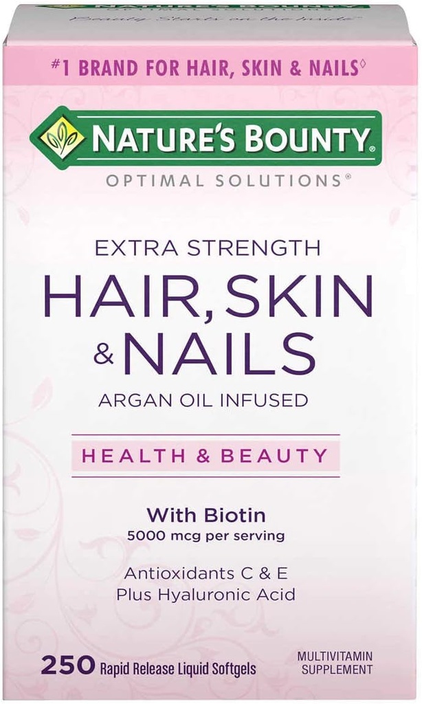 Příroda je Bounty vlasy kůže a hřebíky 5000 mcg Biotinu - 250 obalené tablety Pravidelné a extra síla (Extra síla, dvě láhve každý z 250 Softgels)