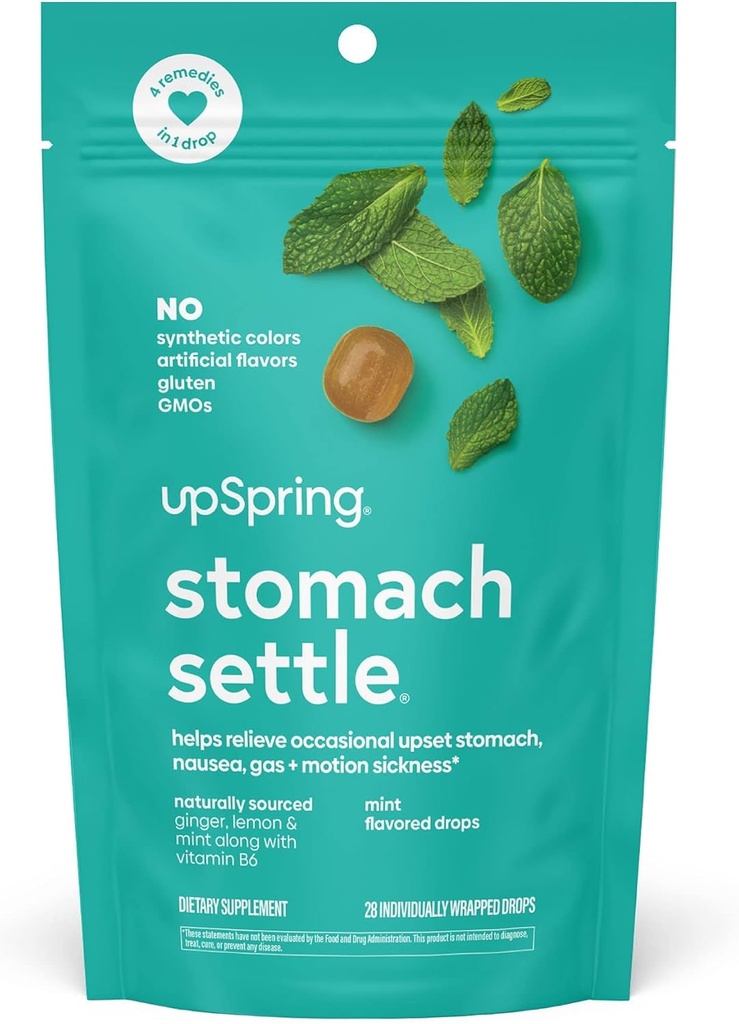 UpSpring Stomach Settledrops for Occasional Nausea Relief / Upset Stomach with Ginger, Lemon, Spearmint, and B6. Mint Flavor Drops, 28 Ct (Balení květen Vary)