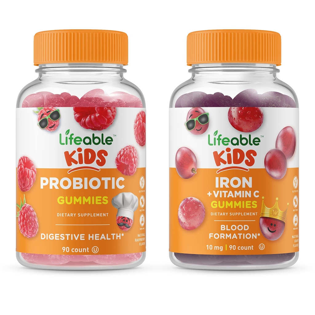 Živé probiotické 2 miliardy CFU děti + Železo a vitamín C děti, Gummies Bundle - Velký přípitek, dodatek k vitamínu, gluten zdarma, GMO zdarma, žvýkací žlab