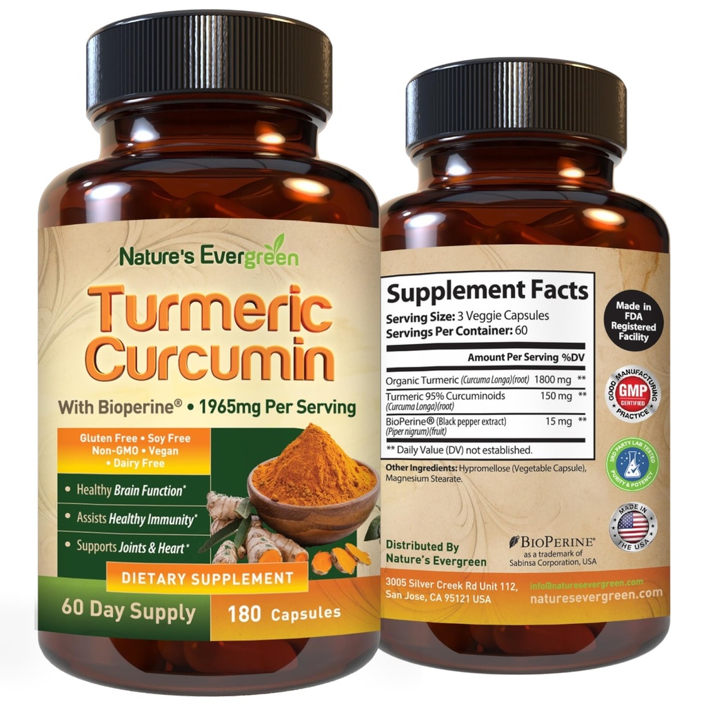 Kurkumin kurkumin s černým pepřovým extraktem (Bioperin) & Organic Turmeric Vegan Joint Supplement. Extrakt 95% Kurkuminoidy 1965mg dodatek pro zdravé klouby a imunitní podporu. 180 Tobolky