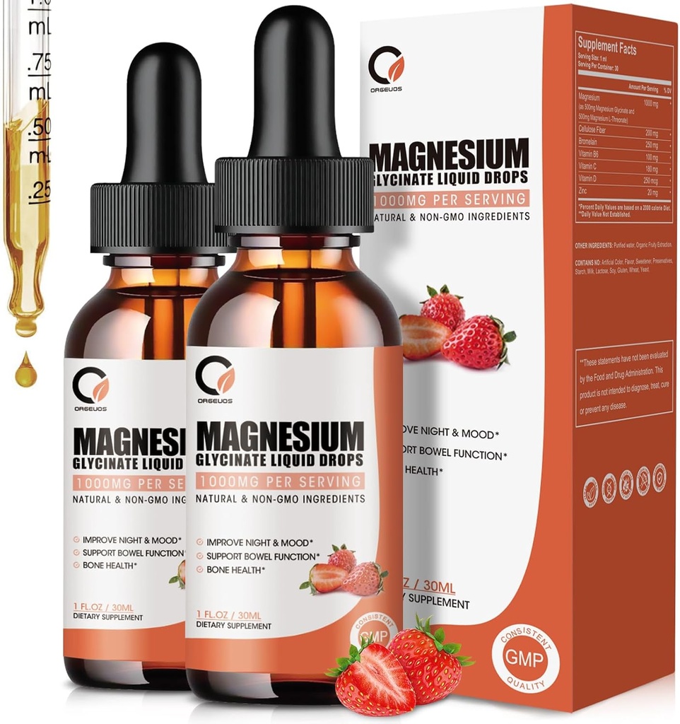 Glycinát hořečnatý Tekuté kapky, 1000 mg Tekutý hořčík Dodatek s bromelain, Vitamin B6 C D, High Absorption Magnesium Complex for Night, Muscle & Energy Support, 1 Fl Oz (Balení po 2)