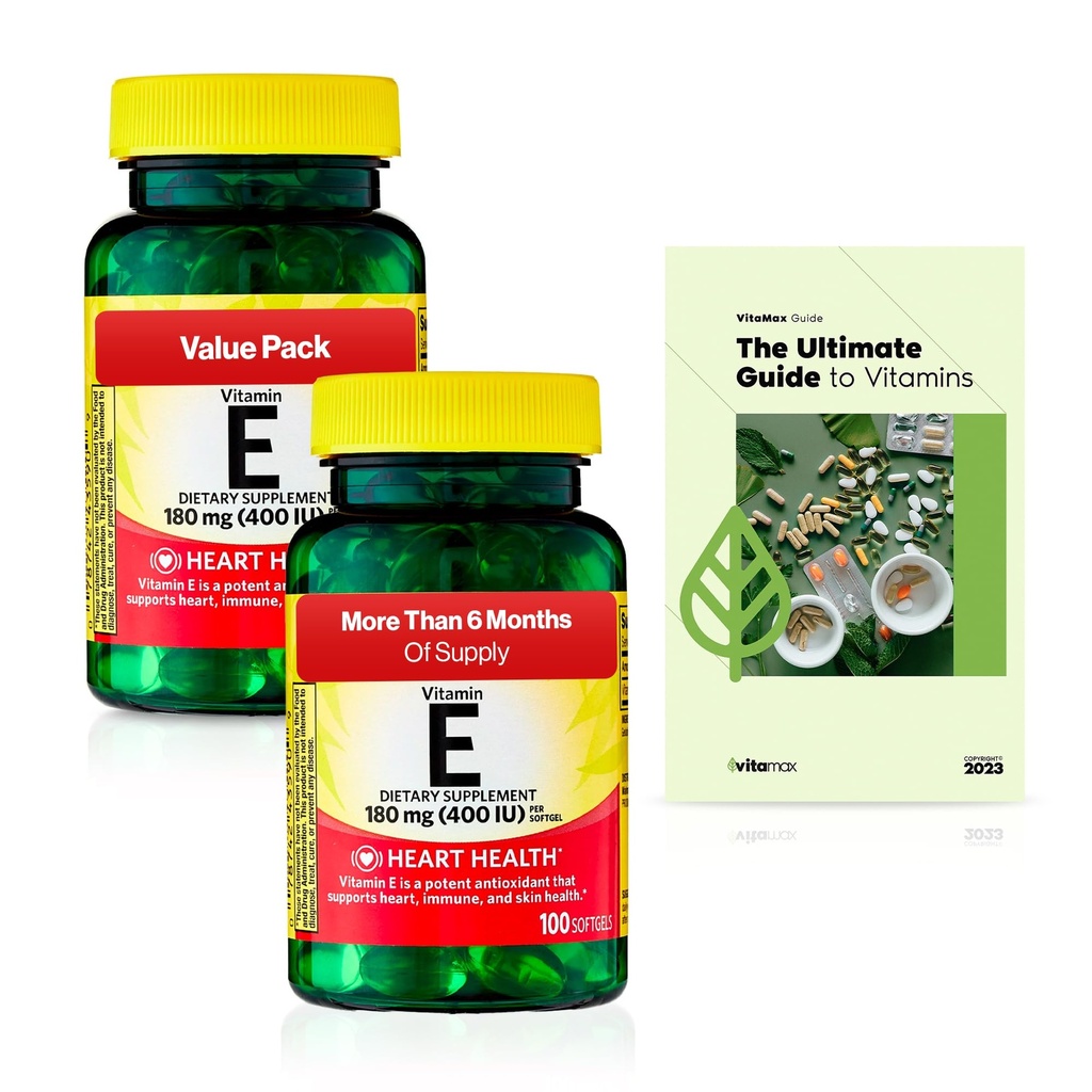 Jarní údolí Vitamin E Srdce Zdraví Dietní doplněk Softgels, 180 mg (400 IU), 200 Počet, 2-Pack + Exkluzivní VitaMax vitamin průvodce (3 položky)