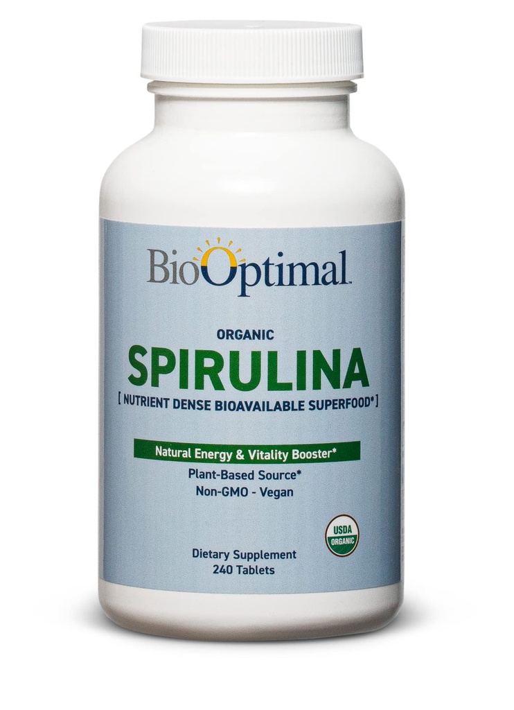 BioOptimal Organic Spirulina Tablets - Organic, Non- GMO, No Additives or Fillers - 500mg Premium Quality Stravovací dodatek s vitamíny, minerály, a antioxidanty (240 Tablety)