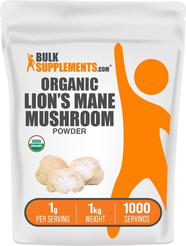 BulkSupplements.com Organic Lions Mane Houba Powder - Lions Mane Powder, Houbový dodatek - Vegan & Gluten Free, 1g per Serving, 1kg (2,2 lbs) (balení po 1)