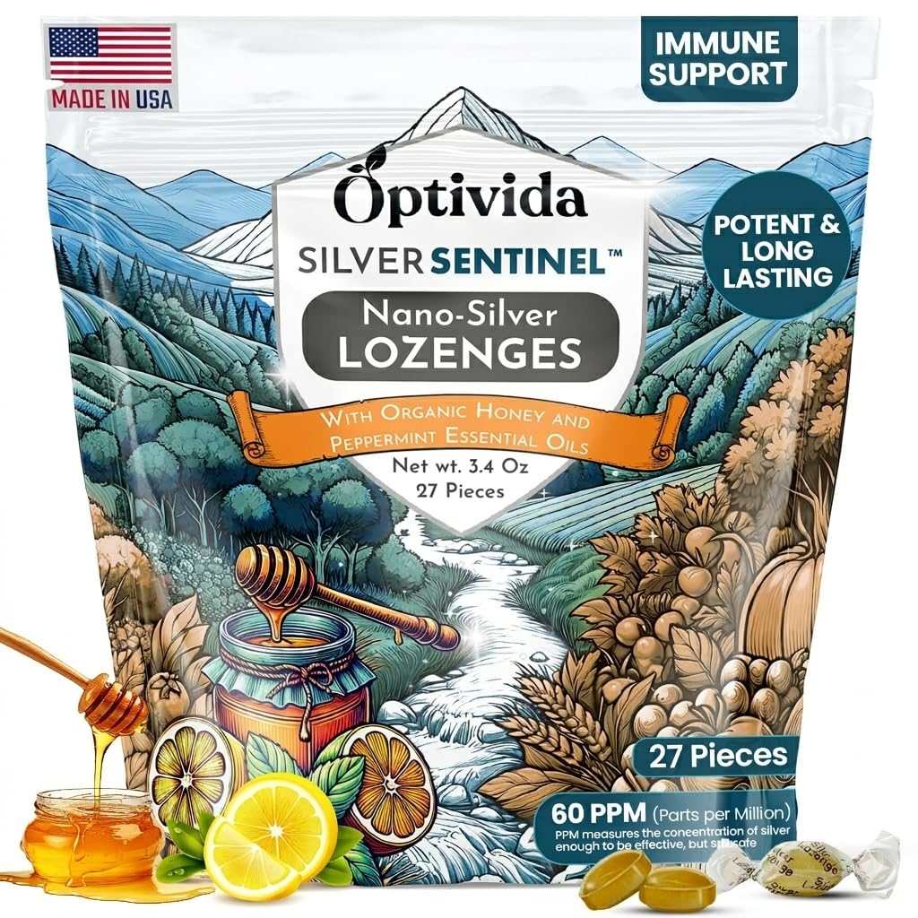 OPTIVIDA Zdravotní koloidní stříbrné Lozengy s Med & Lemon Oil (1 balení) - Soothing Sore Throat Lozenges pro dospělé s Cough Relief & Fast- acting Nano Silver Formule pro imunitní podporu, 60 Ppm