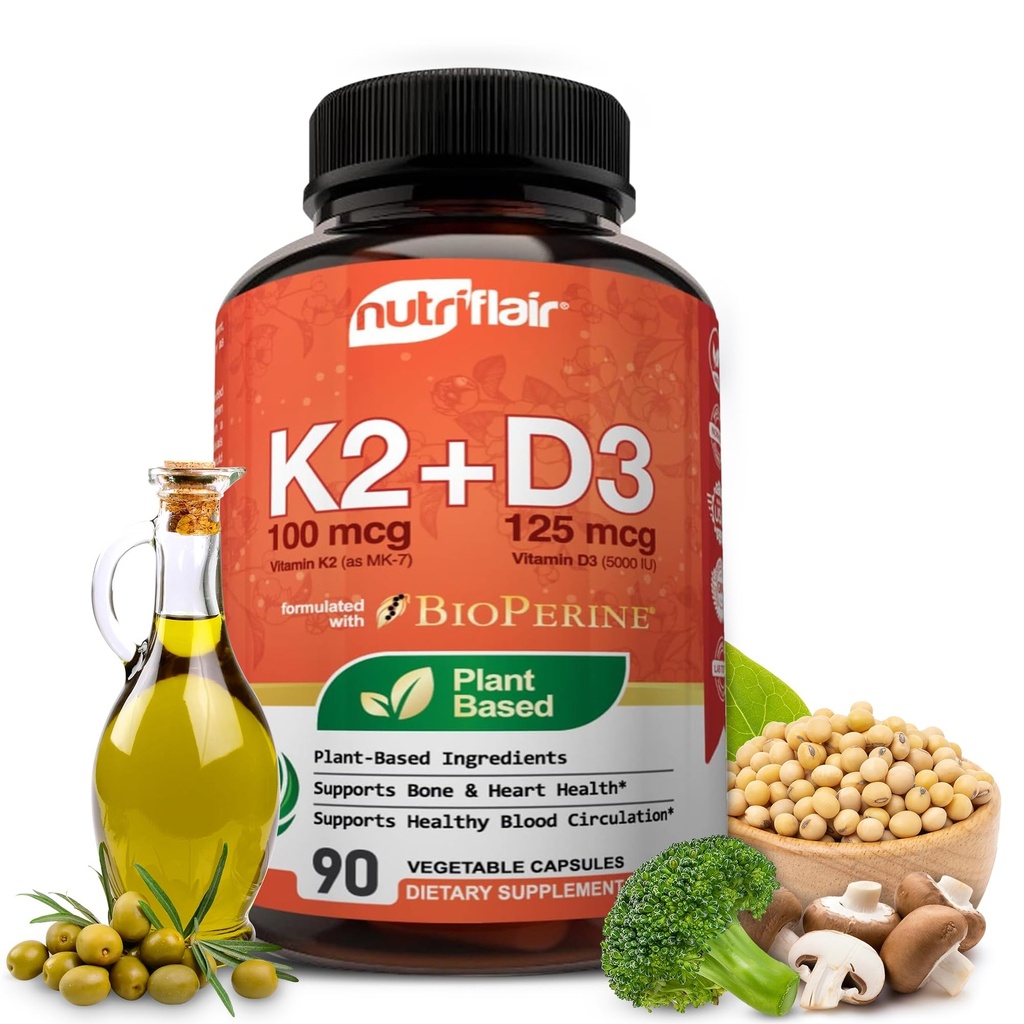 NutriFlair Vitamíny D3 (5000iu / 125mcg) + K2 (jako Mk7) - Vyrobeno s Plant- based ingredience Plus BioPerine Black Pepper Extract, 90 Kapsle - Podporuje zdravé imunitní, srdce a zdraví - Non- GMO pilulky