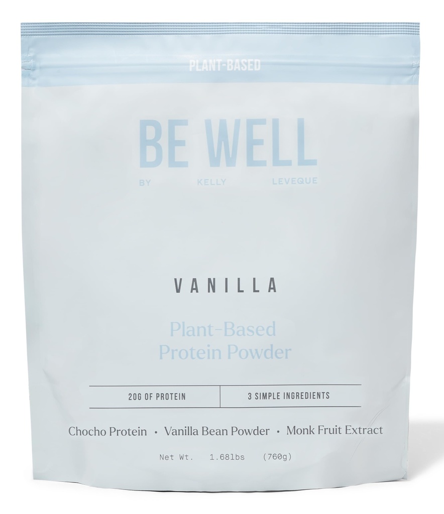 Be Well by Kelly Vanilla Plant- Based Protein Powder, Vegan 20G Protein 8G Fiber 0 Net Carb (3 ingredience, 20 Serings) 9 Amino Acids + 3 BCAAs No Soy, No Dairy, Stevia- Free, No Sugar Added 1.68lb 760g
