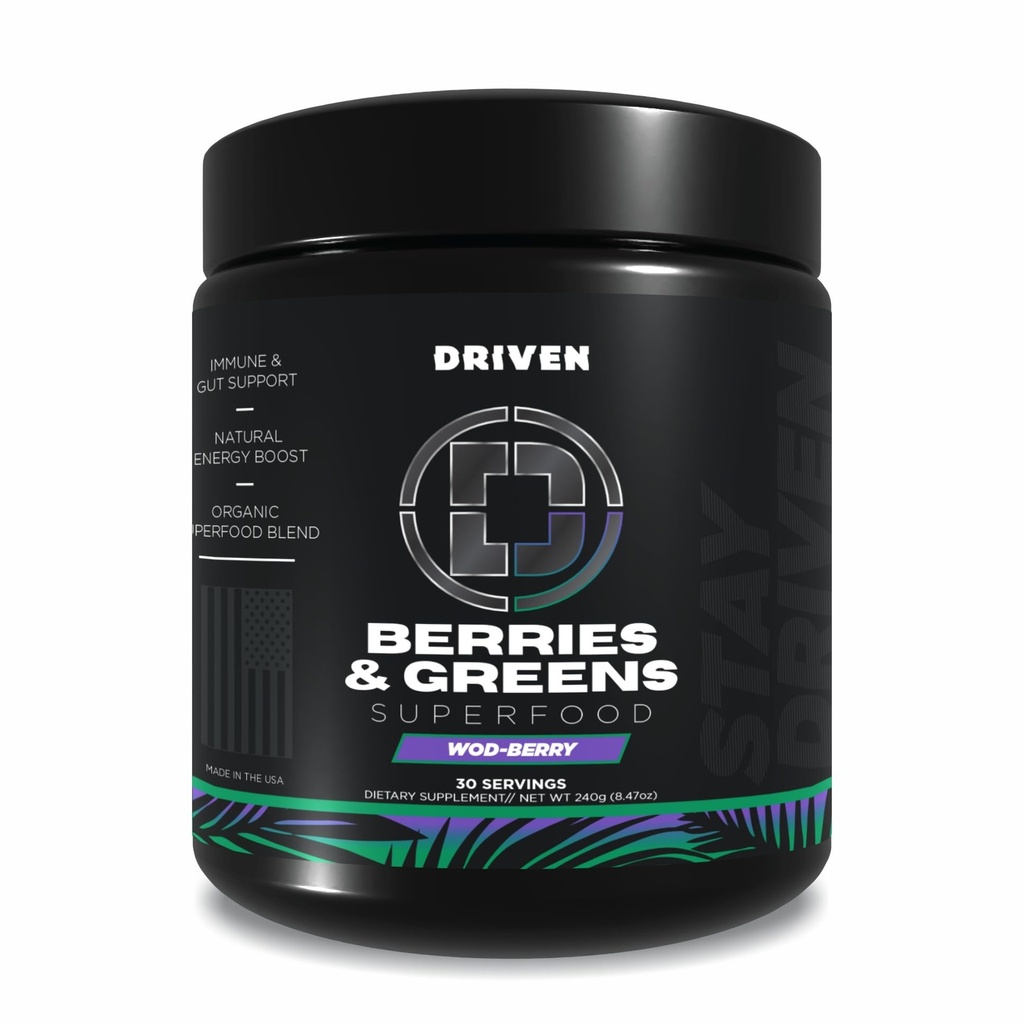 Driven B & G Berries & Greens Superfood Powder, 30 Servings - Organic Plant- based Formule s probiotika a trávicí enzymy -Podporuje obnovu, zdravé trávení, a imunitní funkce
