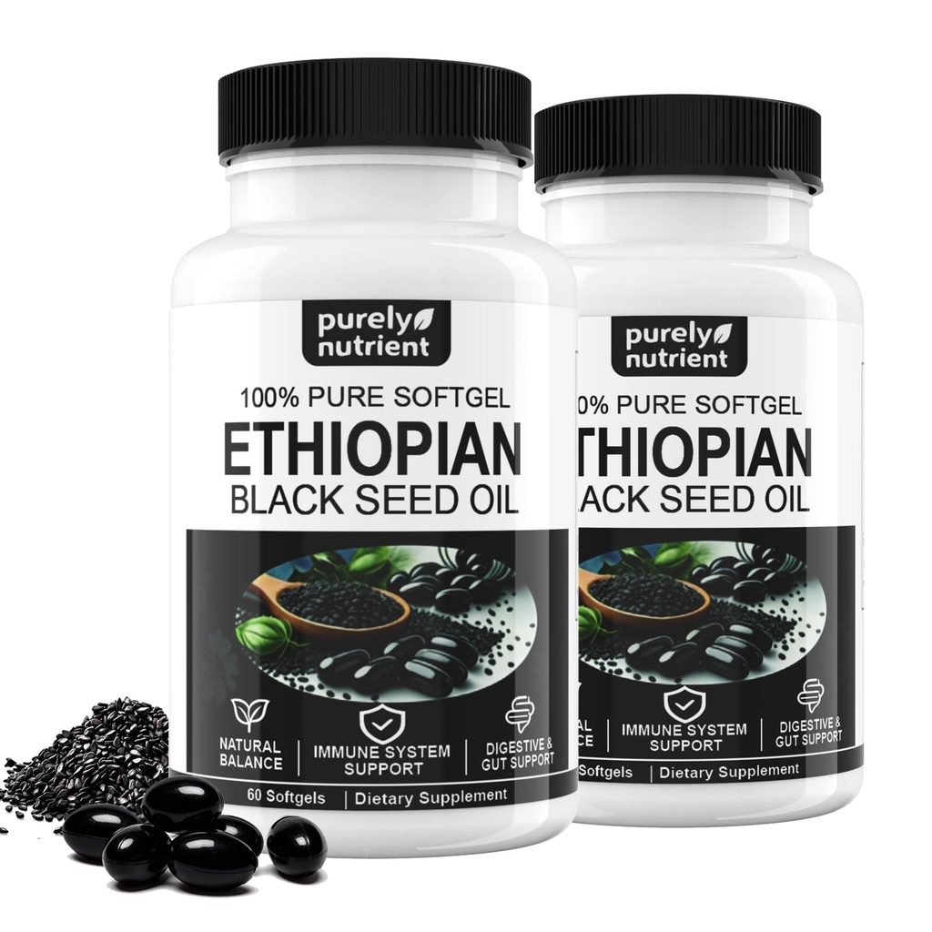 Ethiopian Black Seed Oil Softgels 4.64% Thymoquinone – Organic Cold Pressed Black Cumin Seed Oil Softgels, Non-GMO, Gluten-Free, 60 Softgels*2 Bottles