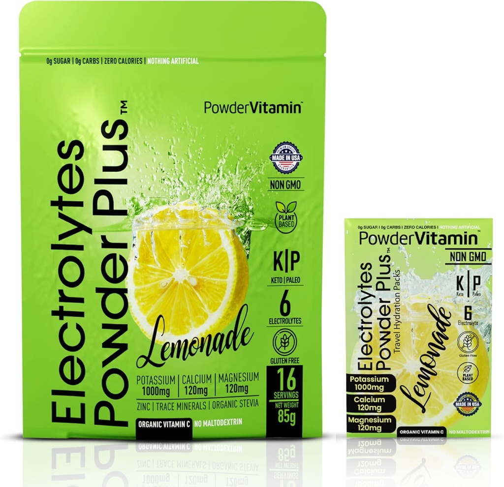 PowderVitamin Electrolytes Powder Plus, Keto, Lemonade, Sugar Free, Pink Himalayan Salt, 1000mg Draslík, 120mg vápníku, 120mg hořčíku, Non- GMO, Nulové kalorie, (16 Hydratační pakety)