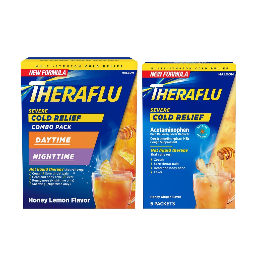 Teraflu Těžká studená pomoc horký tekutý prášek Combo: 12ct Daytime / Nighttime Honey Lemon Flavor + 6ct Daytime Honey Ginger Flavor