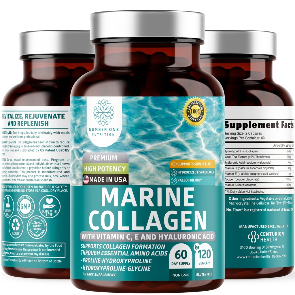 Premium Marine Collagen Dipeptidy s hyaluronovou kyselinou, Vitamin C, Theaflavin a měď, Kolagen dodatek pro ženy a muže pro zářivou pleť, vlasy a nehty, gluten zdarma a non-GMO, 120 Veg Caps