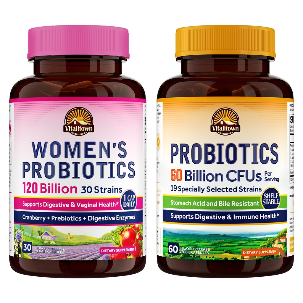 Vitalitown Probiotic Bundle (Pack of 2) IR 124; Ženské Probiotika 120 Milionů (Položka 1) & Probiotika 60 miliard (Položka 2) IR 124; Usaditelné 124; Digestivní a ženské zdraví IR 124; 30 Servings Each