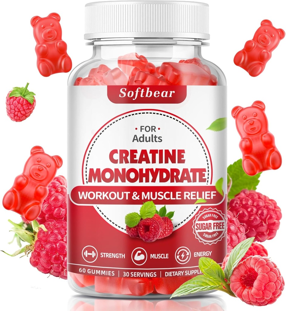 softbear creatine Monohydrát žvýkačky pro muže ženy, Vegan Creatin dodatek 5000mg Creatine HCL Pre Workout gumy pro sílu svalů builder Raspberry Flavor 60 Počet