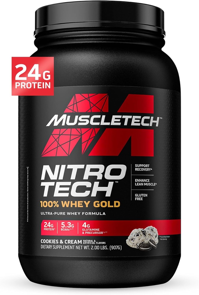 MuscleTech Syrovátkový prášek, Nitro- Tech syrovátkový prášek ze zlata, Syrovátkový proteinový izolát Smoothie Mix, Proteinový prášek pro ženy a muže, Cookies a krém, 2 LB (28 Podání) - balení se může lišit