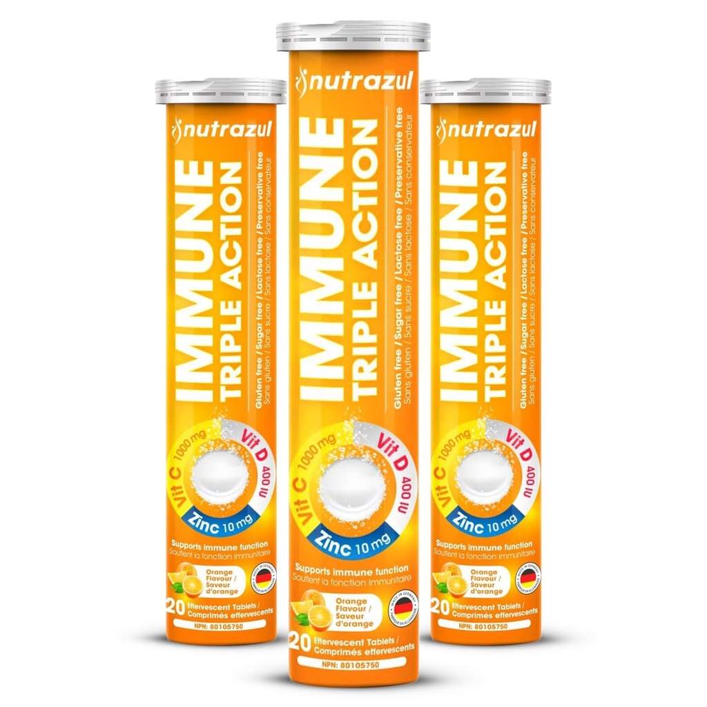 Nutrazul Imunitní Triple Action Effervescent Tablety s vitamínem C 1000mg, Vitamin D, Zinek, Podpora denní rutiny, gluten- Free, Sugar- Free, Lactose- Free, Orange Flavor, 20 Tablet, (Balení po 3)