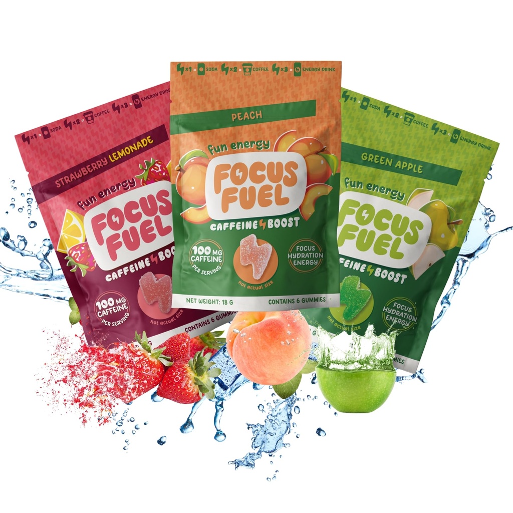 FocusFuel Energy Chews - Zkušební velikost Variety Vzorek Pack (9 Doručování) - 100mg Caffeine + Alpha GPC + L-Theanine + B12, Hořčík - Peach, zelené jablko, Jahodové limonády - No Crash nebo Jitters