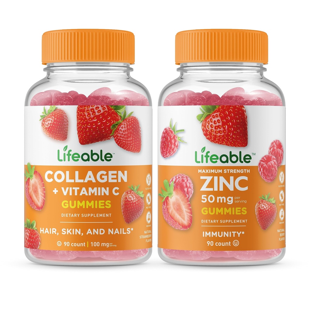 Živý kolagen a vitamin C + zinek 50 mg, Gummies Bundle - Great Ochutnávání, vitamin dodatek, gluten zdarma, GMO zdarma, Žvýkací žlab