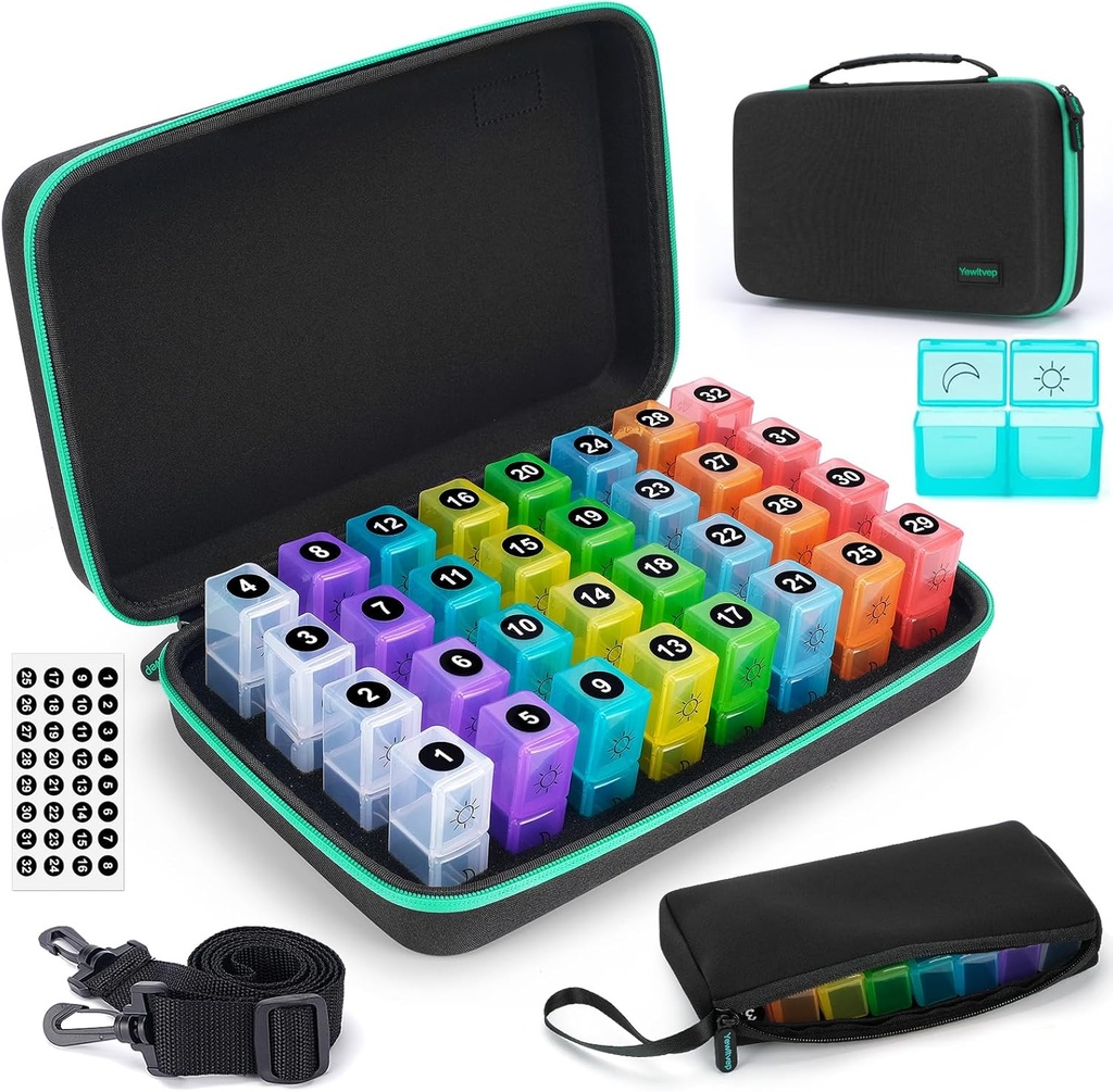 Měsíční porce Organizátor 2 krát denně, Měsíce Pill Box Organizátor s 32 Denní Compartments, 30 dní Držák pilulek s Hard Travel Pouzdro Pouzdro Vitamíny Pouzdro + Přenosné 7- denní cestovní medicína Organizační pytel