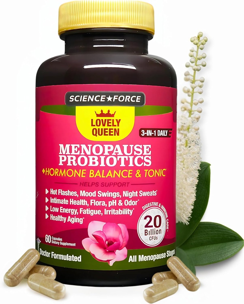 Krásný menopauza dodatek + Hormon Balance + Weight Management, Hot Flashs, Mood Swings, Vaginální zdraví & Sucho 124; Black Cohosh, Dong Quai, Ashwagandha + Probiotika, Žena dodatek, 60 ct