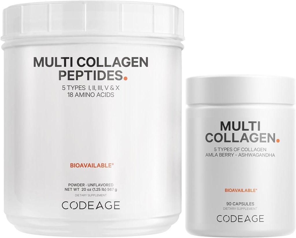 Codeage Multi kolagen protein Kapsle & Multi kolagen Protein Powder Bundle 124; Multi kolagen pilulky, kolagen typy I, II, II, V & X, 90 Count Capsle 124; Multi kolagen Peptides - čisté, hydrolyzované, 20 oz