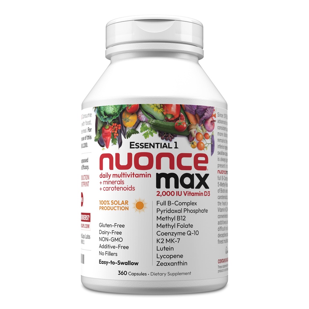 ANDREW LESSMAN Essential-1 nuonce max Multivitamin 2000 IU Vitamin D3 360 Malé kapsle. 100 mcg methyl B12. CoQ10 Lutein Lycopene Zeaxanthin. High Potency. Žádné přísady. Ultra- mírná jedna denní tobolka