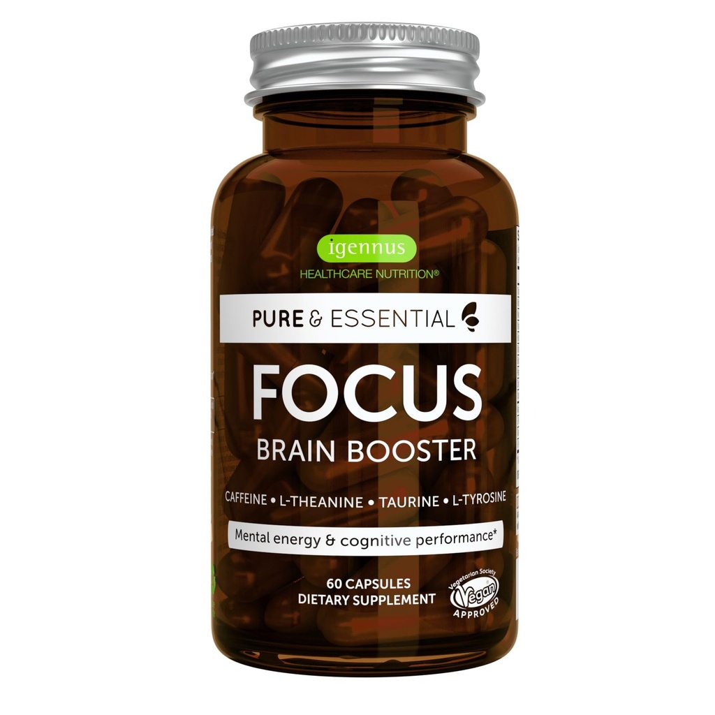 Igennus Focus - Nootropní s 200mg přírodní kofein, Methylované B vitaminy, L- Theanin, Taurin, L- Tyrosin, Čistá energie, Mozkový booster a kognitivní výkon, Non Jittery, 60 Kapsle