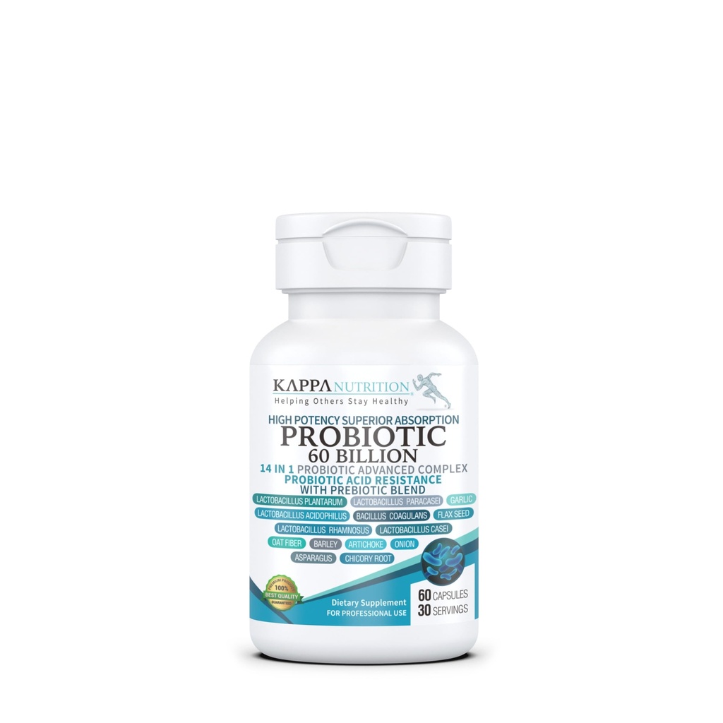 KAPPA NUTRITION Probiotic 60 Milionů CFU 14 v 1 Formule s prebiotika & Acidophilus pro ženy, muže a dospělé, Stabilní, Acid Resistant, přírodní doplněk 60 Kapsle.