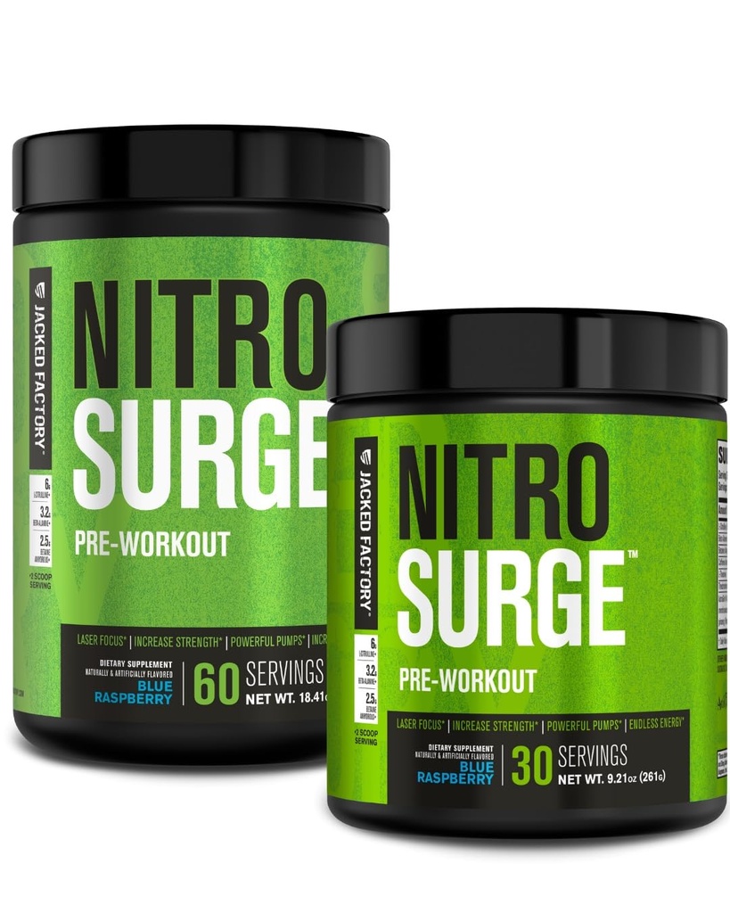 Jacked Factory NITROSURGE Pre Workout Dodatek - Energy Booster, Instant Strength Gains, Clear Focus & Intenzivní čerpadla - NO Booster & Powerful Preworking Energy Powder - 90 Služeb, Blue Raspberry