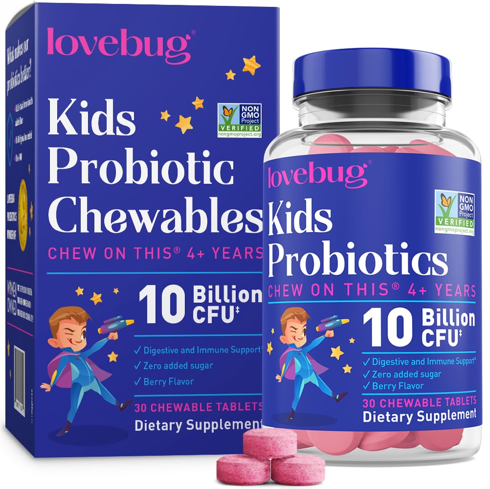 LOVEBUG Probiotika pro děti - Probiotické Žvýkačky s prebiotickým vláknem pro věk 4 +, Denní dětský Gut zdraví a stravovací podpora Dodatek, Sugar- Free Berry Flavor, 30 Počet