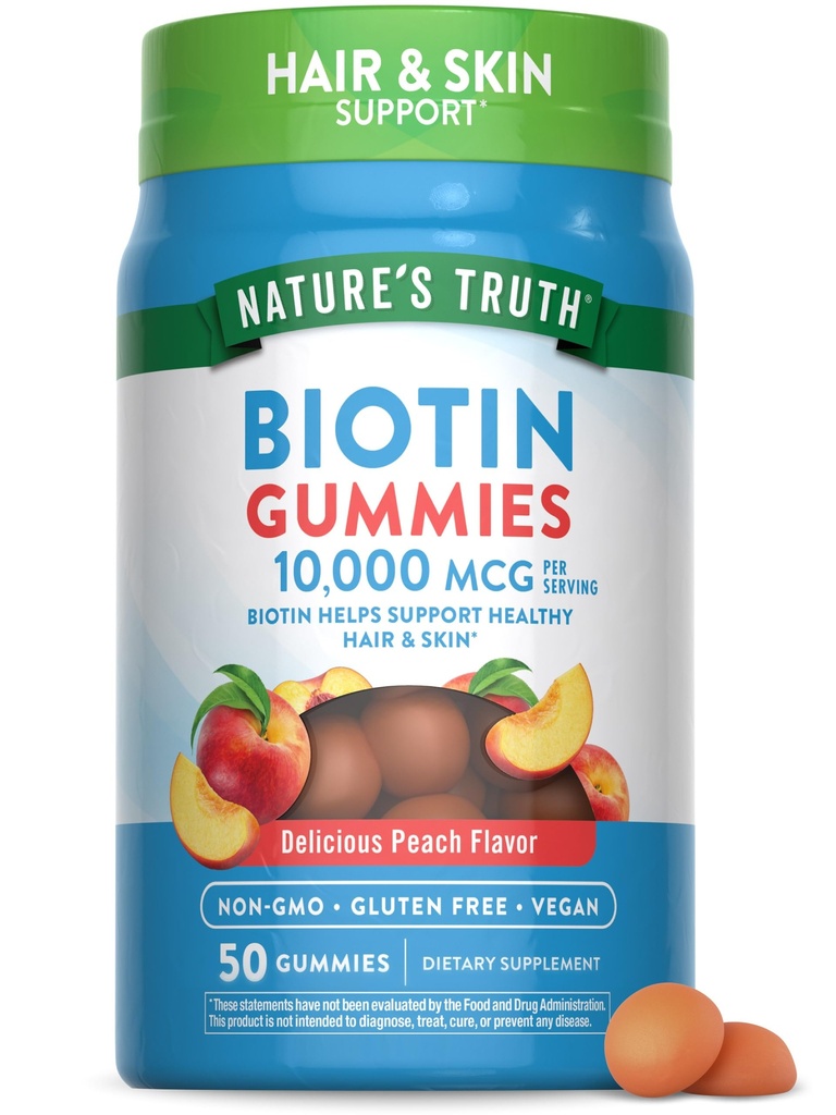 Nature 's Truth Biotin Gummies PHARMAN 124; 10000mcg PHARMAN 124; 50 Count GARMAN 124; Vegan, Non-GMO & Gluten Free Supplementary PHARMAL 124; Broskvový ochucený