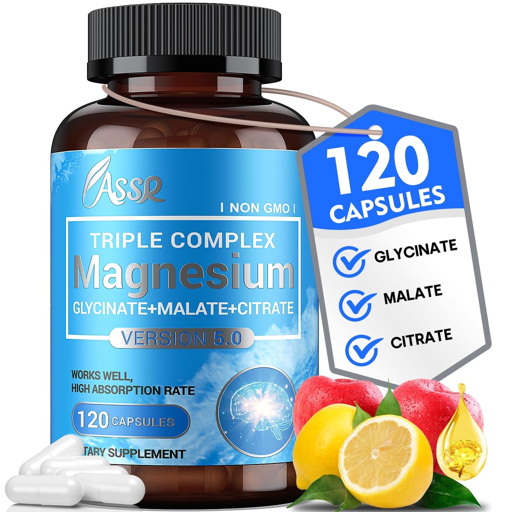 ASR Triple Magnesium Complex - 300mg doplněk hořčíku s Glycinátem, Malate & Citrát - Podporuje relaxaci, svalovou a nervovou funkci - vysoká absorpce, Vegan, Non- GMO, 120 Kapsle