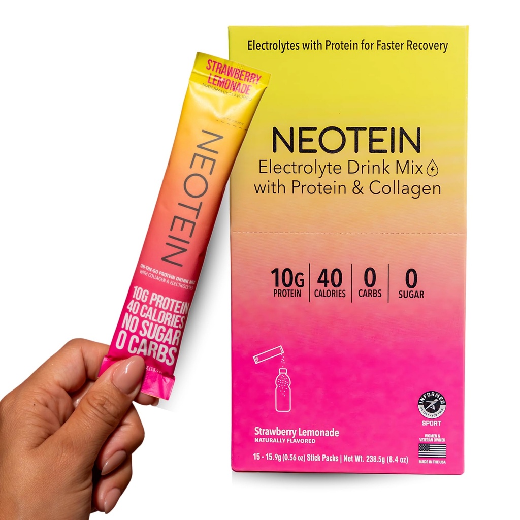 NEOTEIN: Electrolyte Powder Packets, Protein Powder with 10g Protein & Collagen IR 124; Hydration Packets - Zero Sugar, NO Fillers, NO Carbs IR 124; Strawberry Lemonade IR 124; 40 Calories IR 124; Keto & Paleo IR 124; Pack of 15