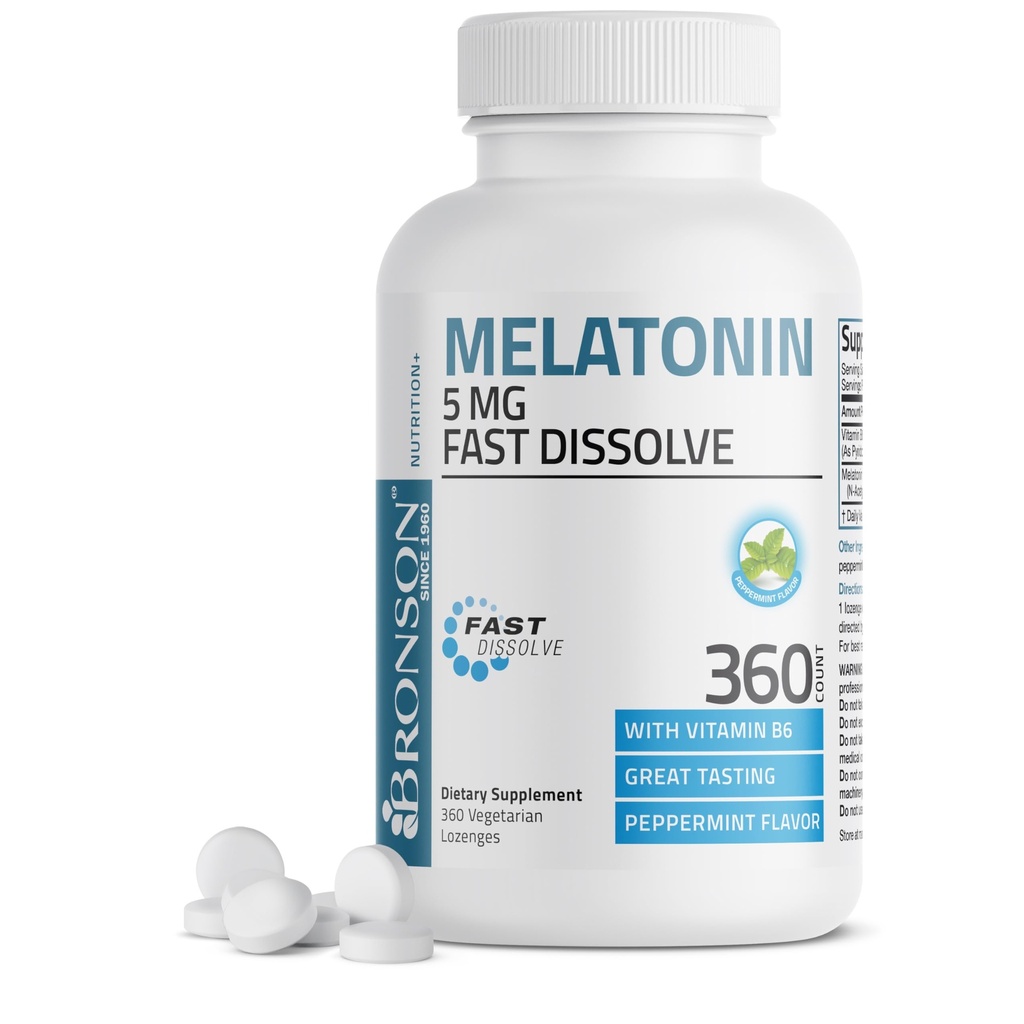 Bronson Melatonin 5mg Fast Disolute Peppermint tablety s vitaminem B6 - Promotes Relaxation, 360 Vegetarian Chewable Lozenges