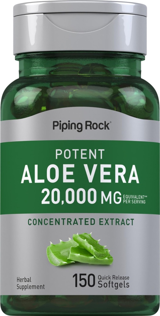 Piping Rock Aloe Vera Kapsle 20000mg CLAS124; 150 Softgels CLAS124; Koncentrovaný extrakt dodatek CLAS124; Non- GMO, gluten zdarma