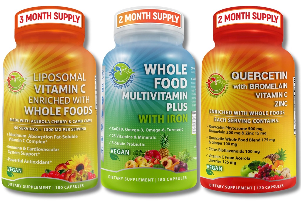 SUPPLECIO STUDIO Vegan Imunní, Energy & Celk Body Support Bundle - Vegan All Food Multivitamin with Iron + Liposomal Vitamin C 1500mg + Quercetin with Bromelain, Zinek, a Vitamin C - Non- GMO
