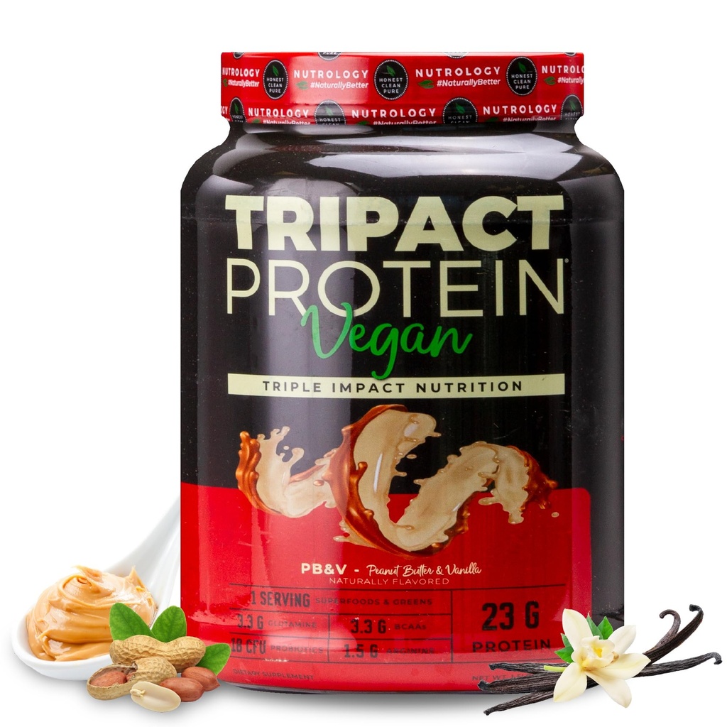 Nutrology TRIPACT Vegan Protein Powder - Organic Pea, Rice & Pumpkin Protein, BCAA & Glutamine Plant- Based Meal Replacement Shekes for Muscle Recovery & Immunity, Arašídové máslo & Vanilla, 20 Služeb