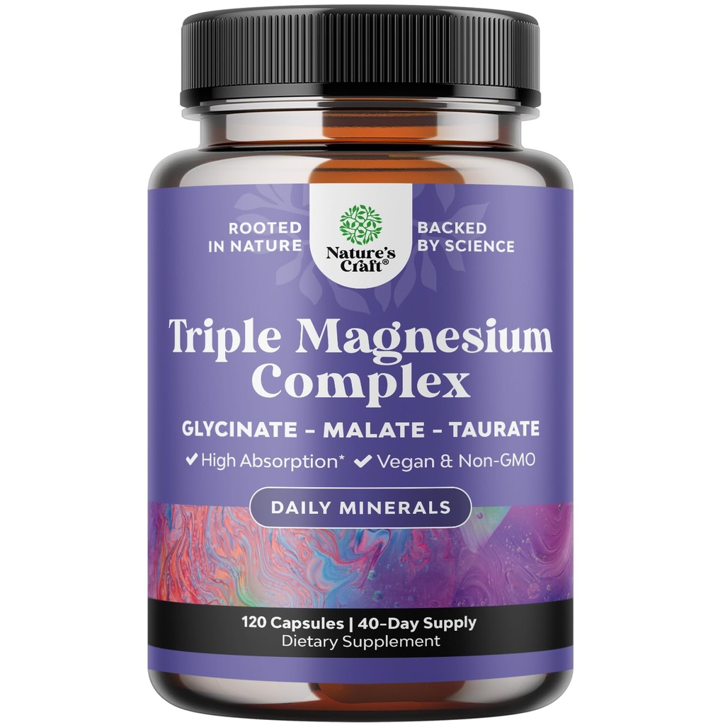 Triple Magnesium Complex Supplement - Vysoká absorpce Glycinát hořečnatý, Malate & Taurate Směs pro svalovce, Energy Support & Heart Health - Triple Mg Complex 400 mg Kapsle - 120 Počet