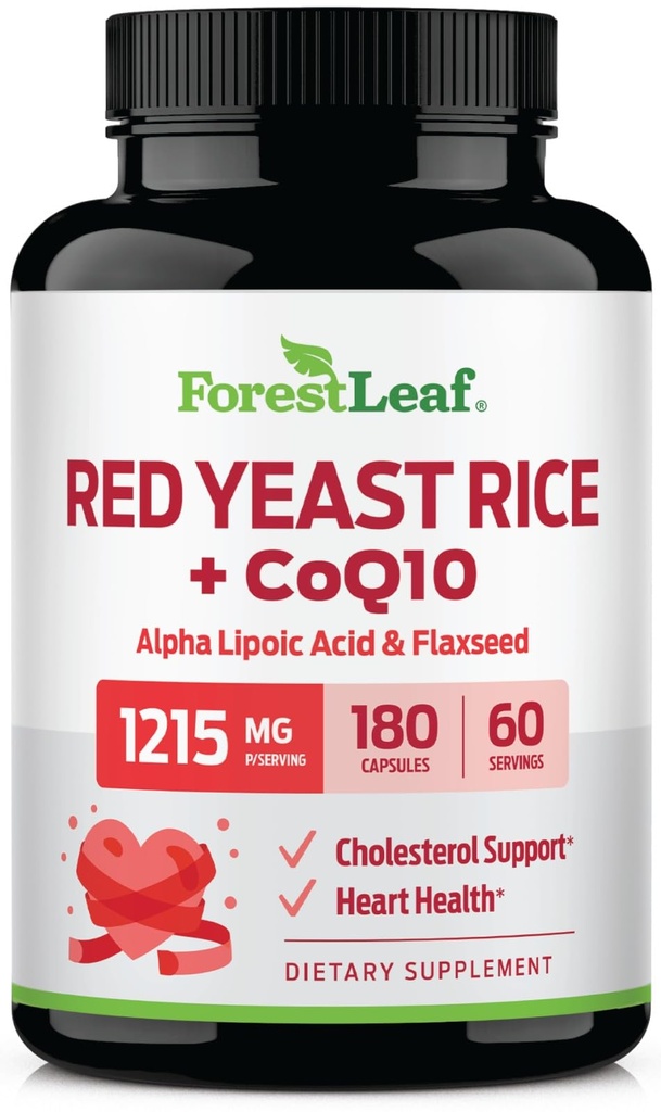 ForestLeaf Red Yeast Rice s doplňkem CoQ10 - 1215mg Extra Strength Red Yeast Rice Capsle s Alpha Lipoic Acid & Organic Flaxseed, Citrinin Free - 180 Kapsle