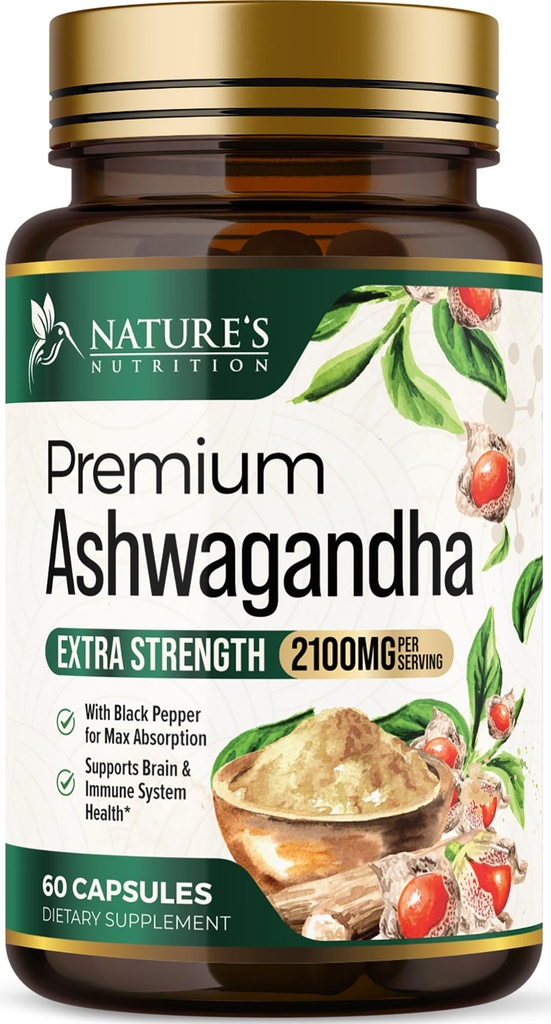 Ashwagandha doplňky - 2100mg Ashwagandha kapsle pro ženy a muže, přírodní antioxidační podpora, Ashwa Root Extract, Extra síla Klid Podpora s Black Pepper, Vegan & gluten zdarma - 60 Kapsle