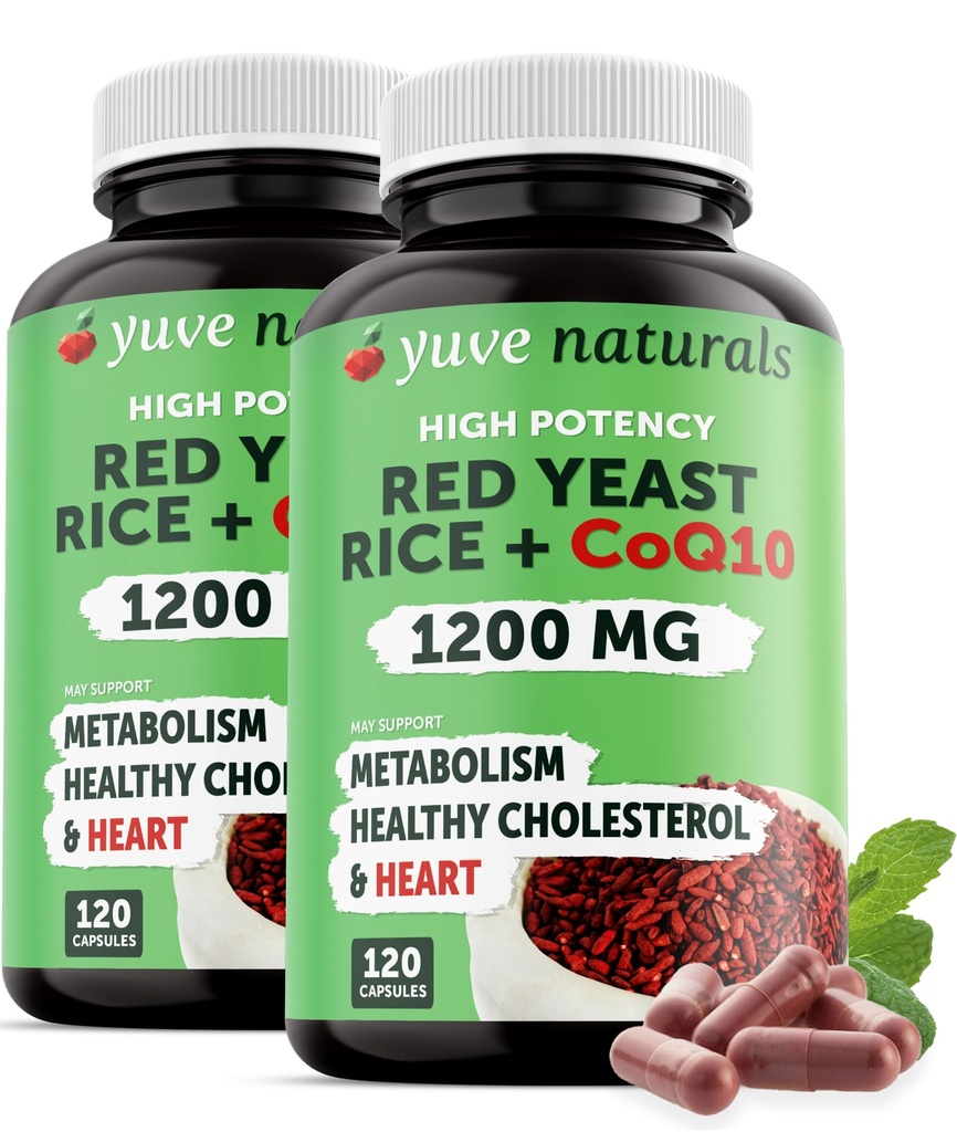 Red Yeast Rice 1200 mg Kapsle s CoQ10 - Udržujte zdravé hladiny cholesterolu, Herbal Heart Health Vegan Red Yeast Rice Dodatek - Red Rice Yeast s CoQ10 pro ženy a muže - 120 Ct (2-Pack)