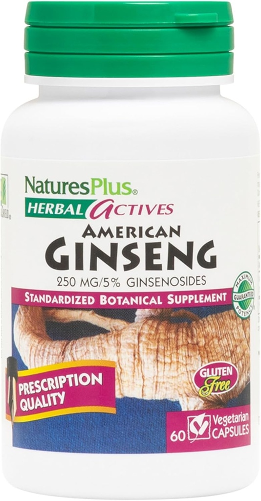 Natures Plus Bylinné Actives American Ginseng - 250 mg, 5% Ginsenosids - 60 Vegan Kapsle - Bezlepkové - 60 Služeb